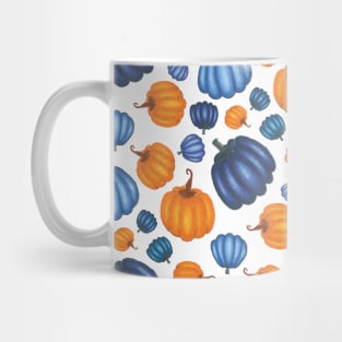 Pretty Blue & Orange Pumpkin Pattern on a White Background Mug